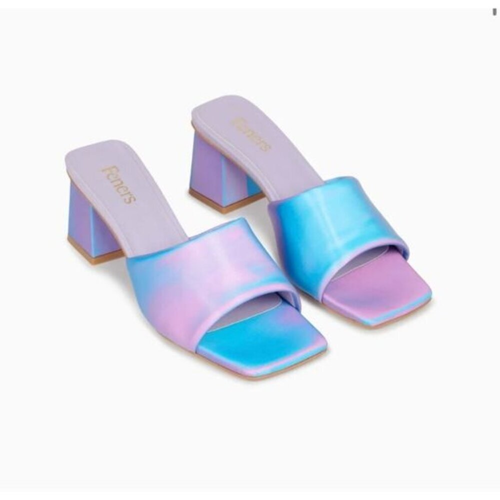 Feners Rainbow Iridescent Heeled Mule Sandals